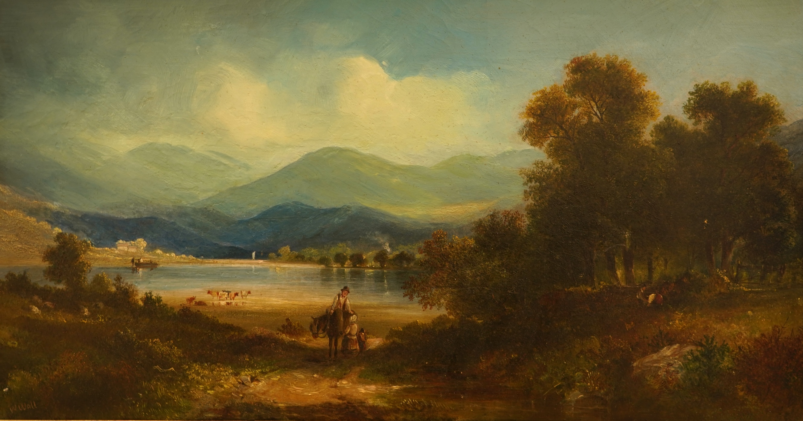 W. Wall, Lakeside mountainous landscape, signed, oil on canvas, 29 x 54cm, ornate gilt frame